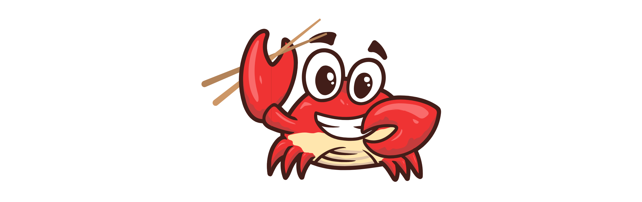 Cartoon red crab smiling with big eyes and eyebrows, holding up one claw while a pair of brown chopsticks rests on its raised claw. The crab has a cheerful and friendly expression.