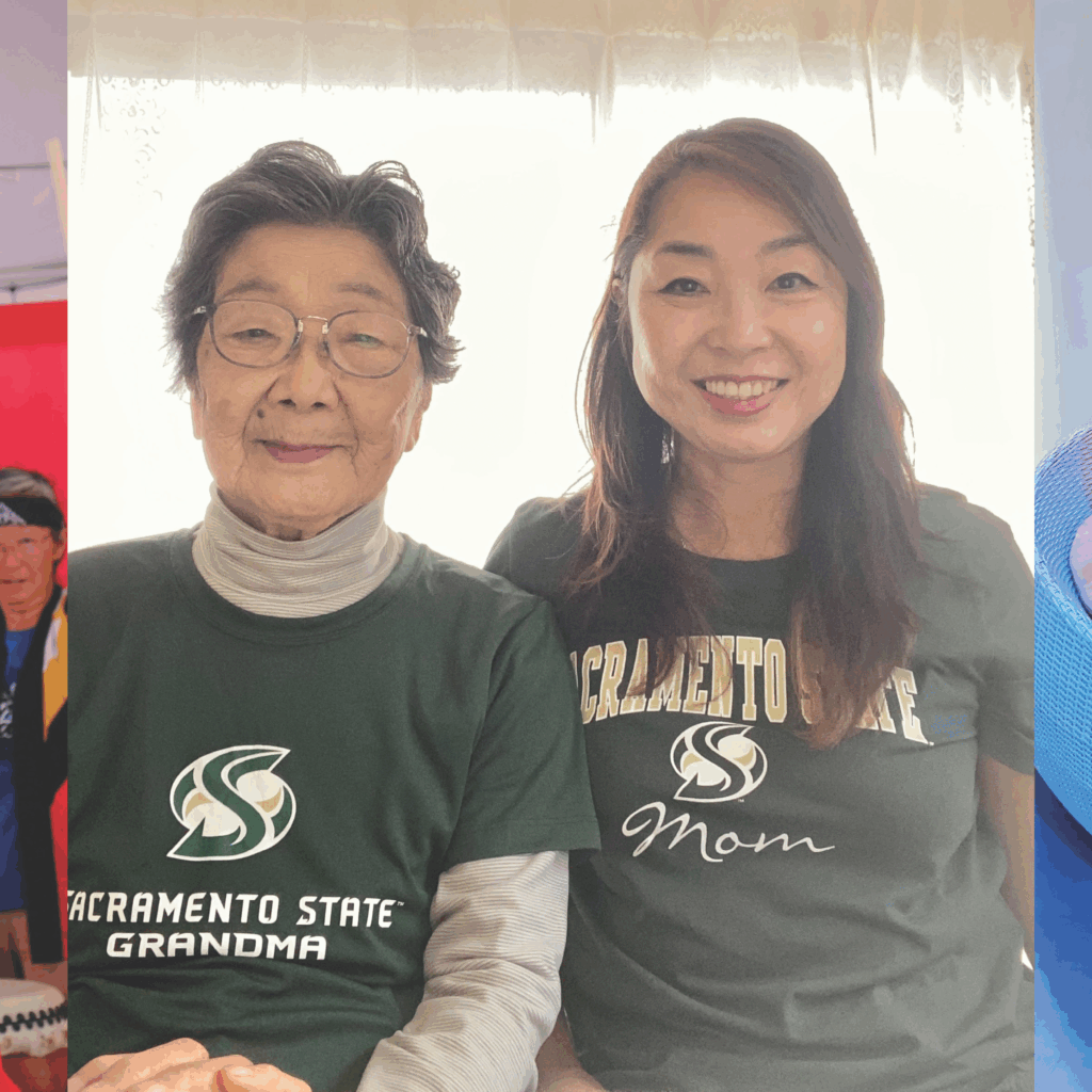 A collage with three photos: People performing a drum routine; an elderly woman and a middle-aged woman smiling, both in Sacramento State shirts; a woman posing with a Hello Kitty figure on a pink couch.