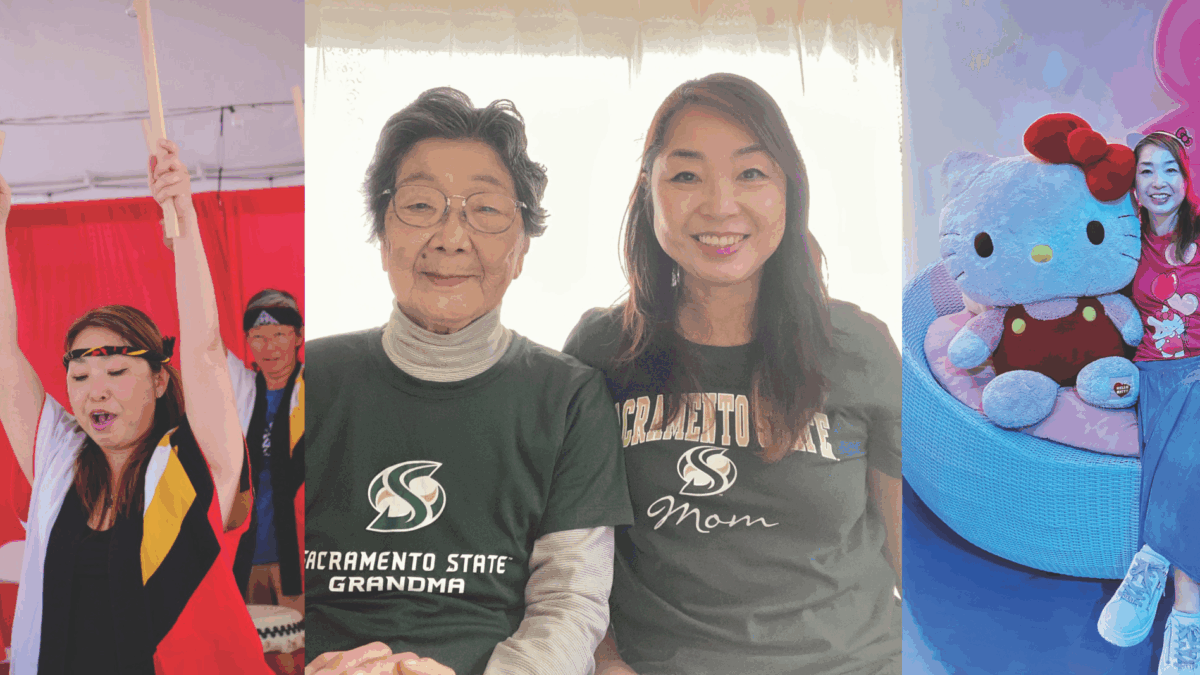 A collage with three photos: People performing a drum routine; an elderly woman and a middle-aged woman smiling, both in Sacramento State shirts; a woman posing with a Hello Kitty figure on a pink couch.