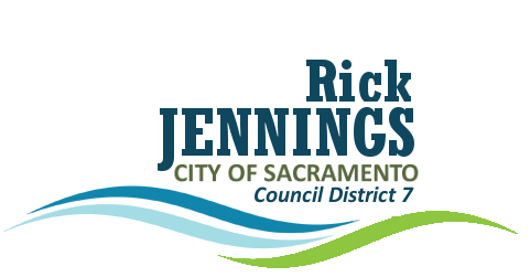 Logo for Rick Jennings, City of Sacramento Council District 7, featuring stylized blue and green wave graphics beneath the text.