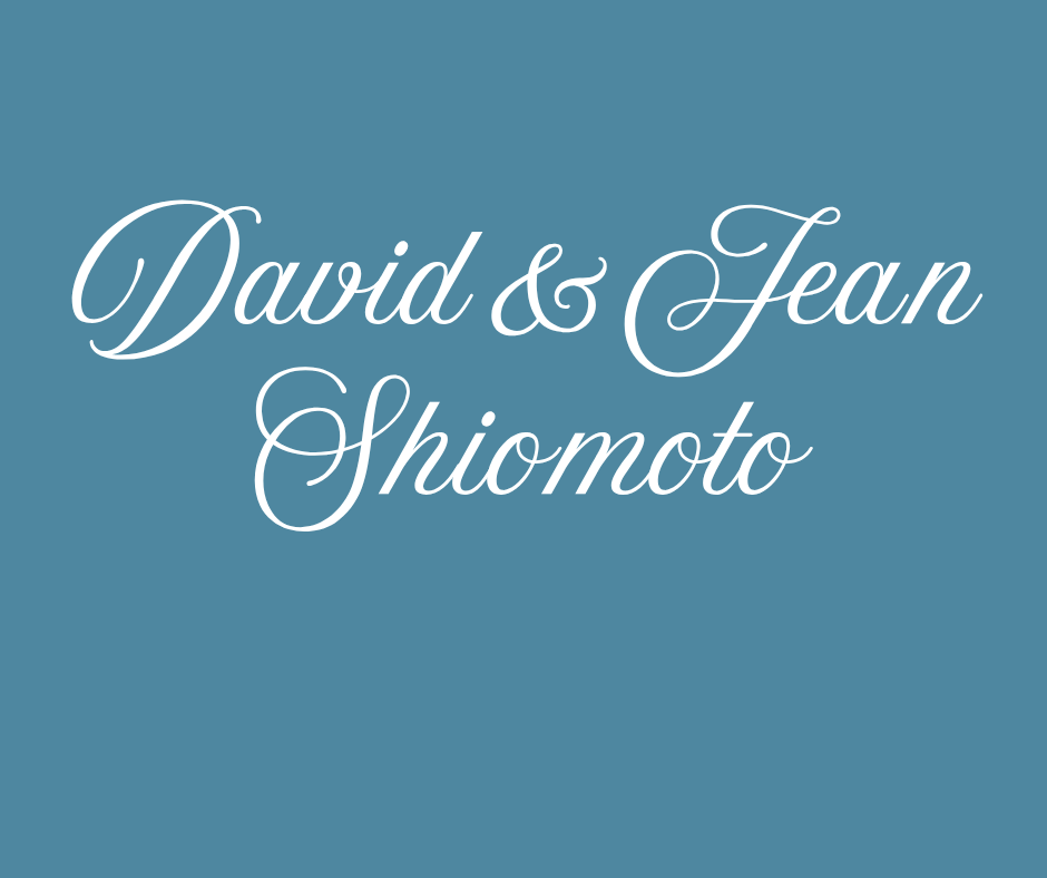 White script text on a blue background reads David & Jean Shiomoto.