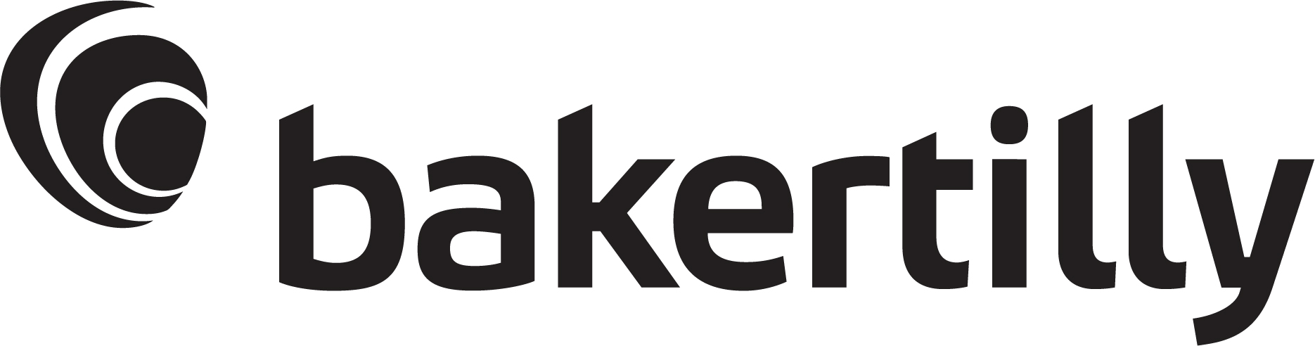 Baker Tilly logo featuring a bold, modern black font with a stylized abstract swirl design to the left of the company name.