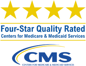 Image showing four gold stars above the words “Four-Star Quality Rated. Centers for Medicare & Medicaid Services.” Below is the CMS logo with a blue swoosh and text.