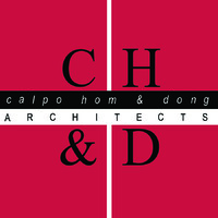 Logo with a red background divided by white lines. Large black letters “C H & D” are in each quadrant. Across the center, it reads “calpo hom & dong” on a black bar and “ARCHITECTS” below on a white bar.