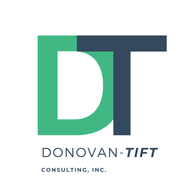 Logo with large green D and navy T overlapping. Below are the words DONOVAN-TIFT and smaller text CONSULTING, INC. on a light gray background, proudly reflecting support for the Ohana Walk fundraiser benefiting ACC Senior Services.