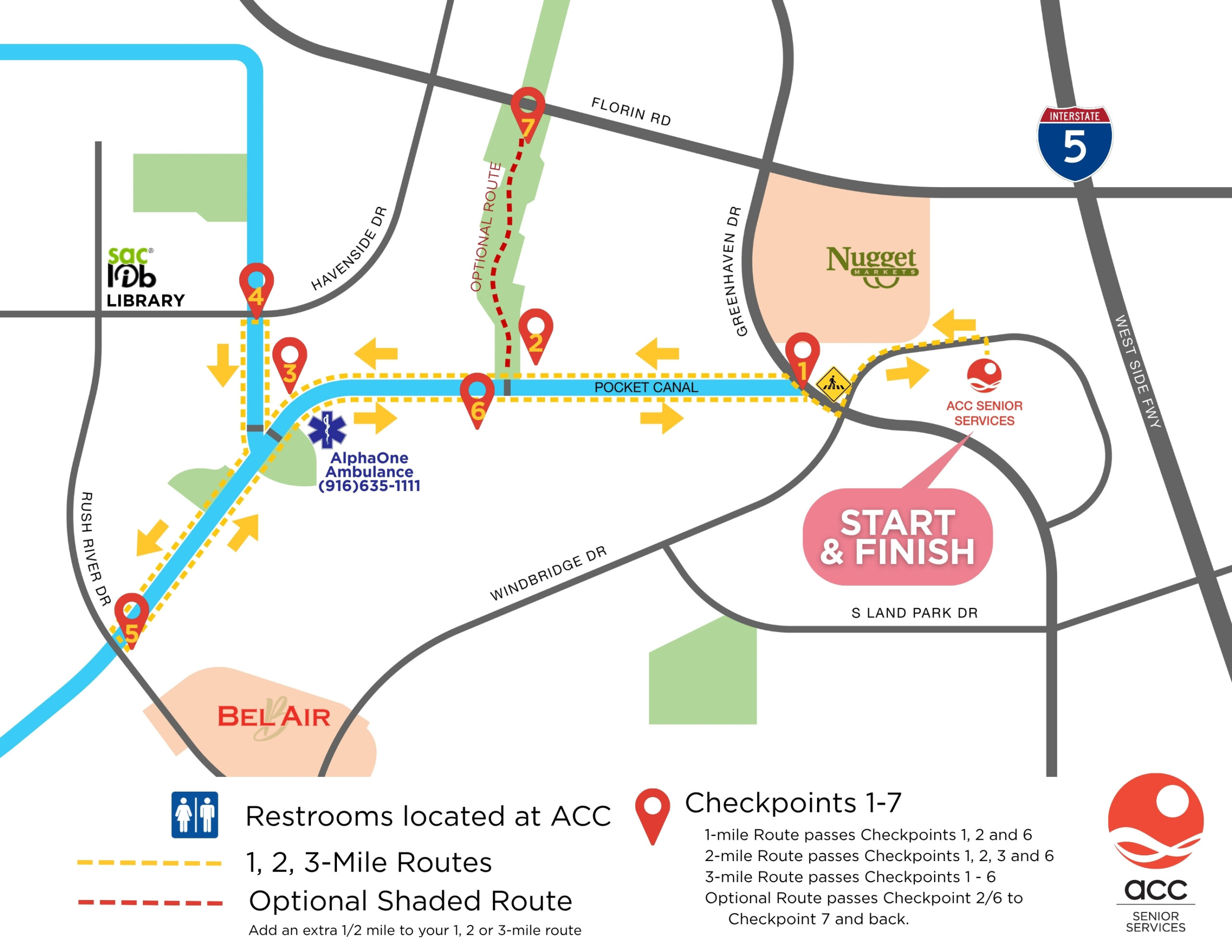 Route map showing 1, 2, and 3-mile walking paths with checkpoints, restrooms, and landmarks like ACC Senior Services, library, and stores. Start/finish marked at ACC Senior Services.