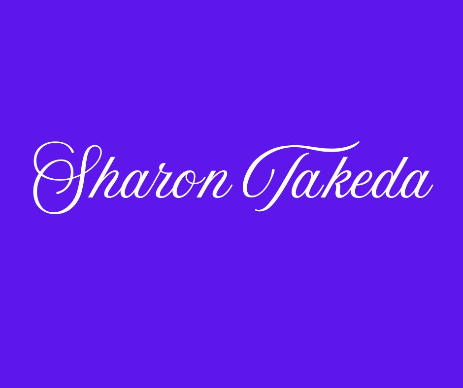 The words Sharon Takeda in elegant white script font on a solid purple background, celebrating the Ohana Walk fundraiser for ACC Senior Services.