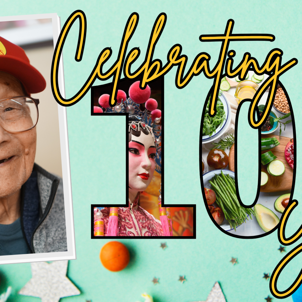 Smiling elderly man in a red cap, Celebrating 100 Years in bold text, decorated with food, fishing, and Opera imagery, on a colorful background with stars and small balls.