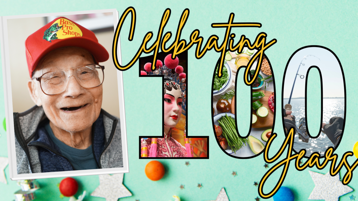 Smiling elderly man in a red cap, Celebrating 100 Years in bold text, decorated with food, fishing, and Opera imagery, on a colorful background with stars and small balls.