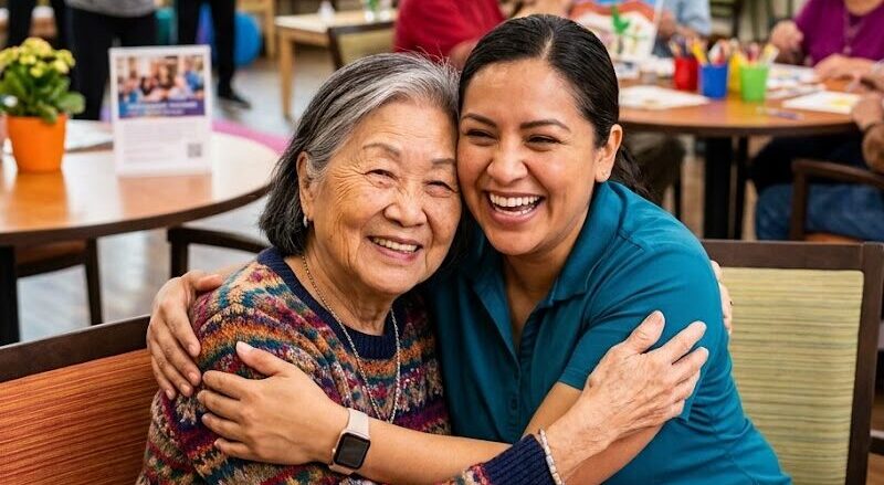 An elderly woman and a younger woman embrace and smile at the camera in a bright community room where others are participating in art activities.
